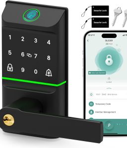 Keyless Entry Smart Door Lock with Doorbell, 6 in 1 Biometric Electric Digital Deadbolt Fingerprint Touchscreen Keypad APP IC Card with 2 Lever Handles for Front Doors Home Office Apartment
